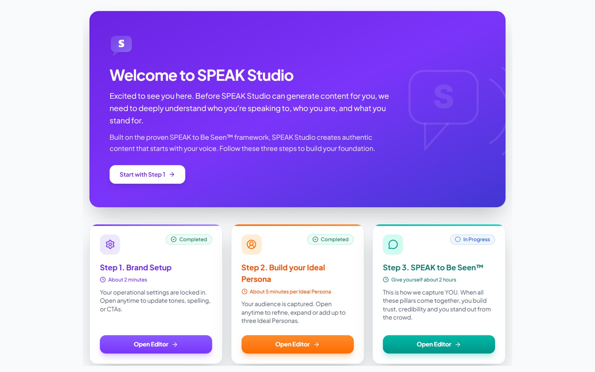 SPEAK Studio — Build your SPEAK Brand: three-step brand foundation (Brand Setup, Build your Persona, SPEAK to Be Seen)