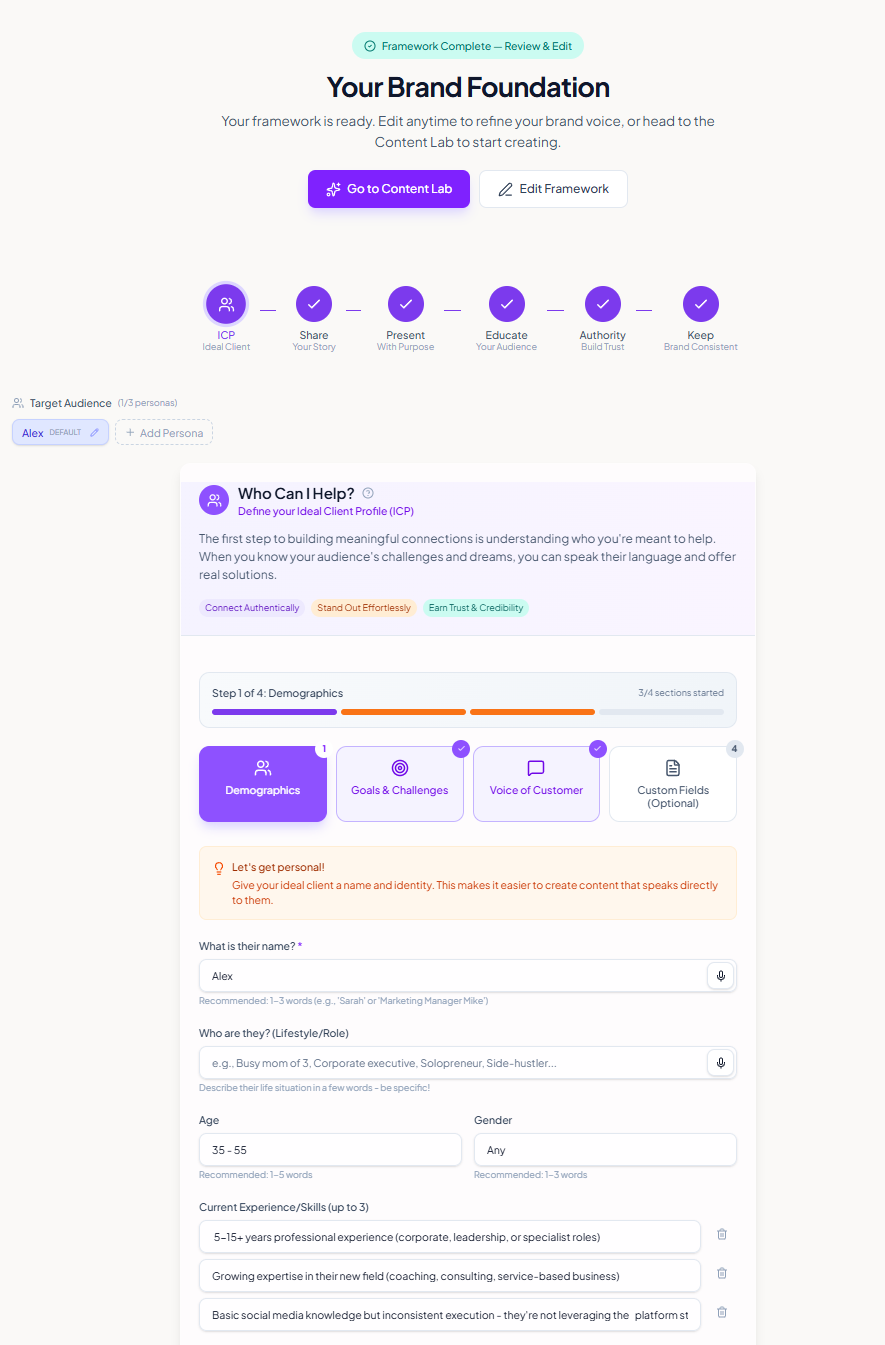 SPEAK Studio — Brand Foundation Builder: define your voice, audience, and pillars