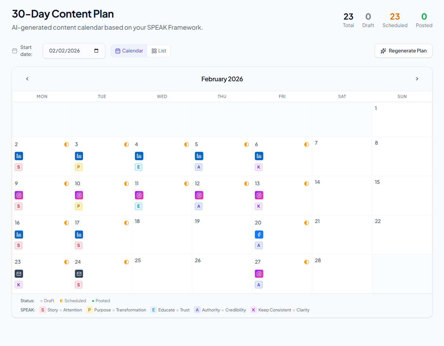 SPEAK Content Studio — 30-day content calendar with platform and pillar mapping