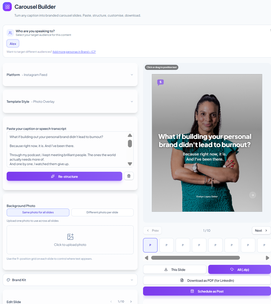 SPEAK Studio — Carousel Builder: turn captions into branded carousel slides