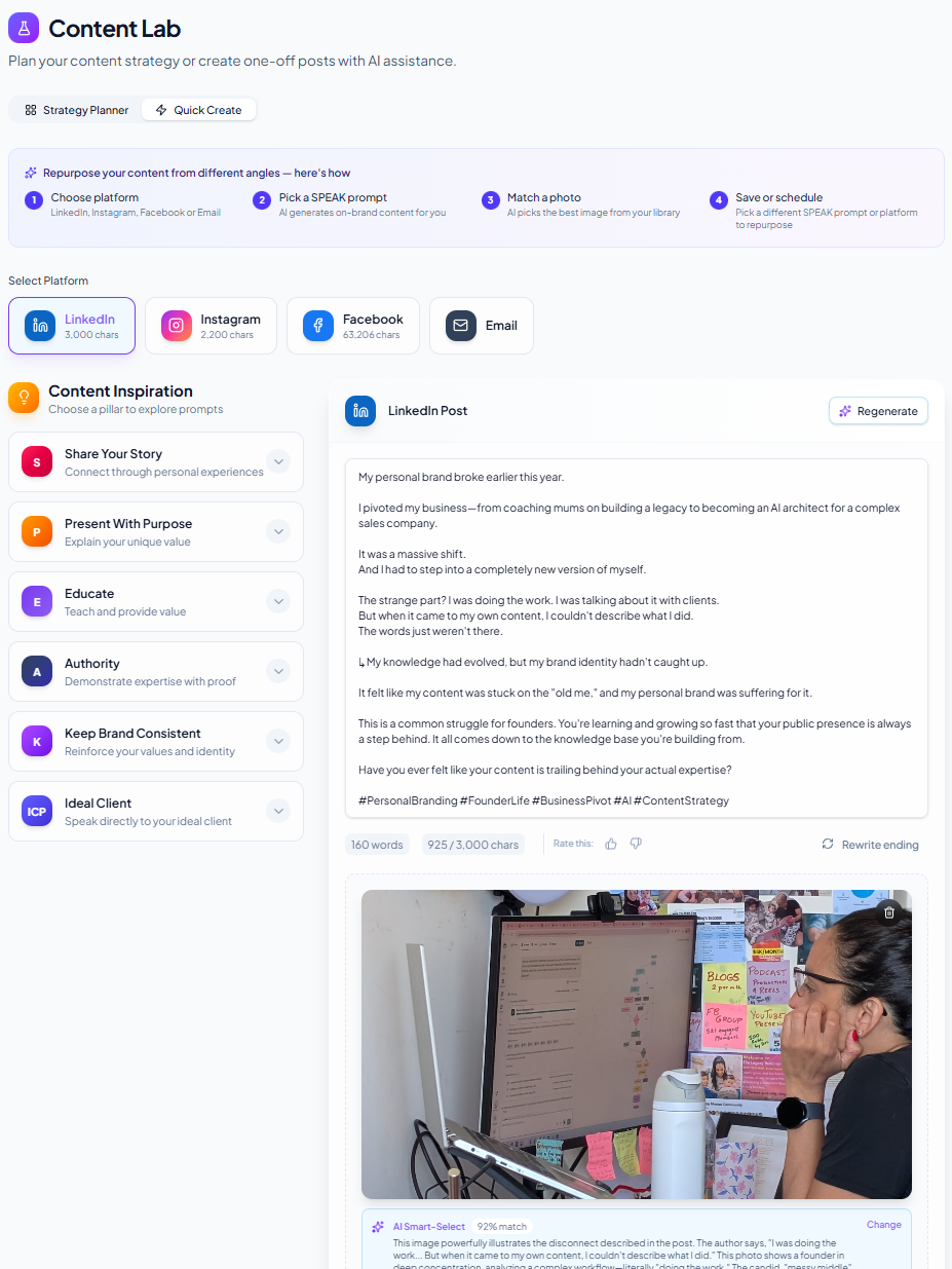 SPEAK Content Studio — Quick Create with SPEAK pillars and AI photo matching