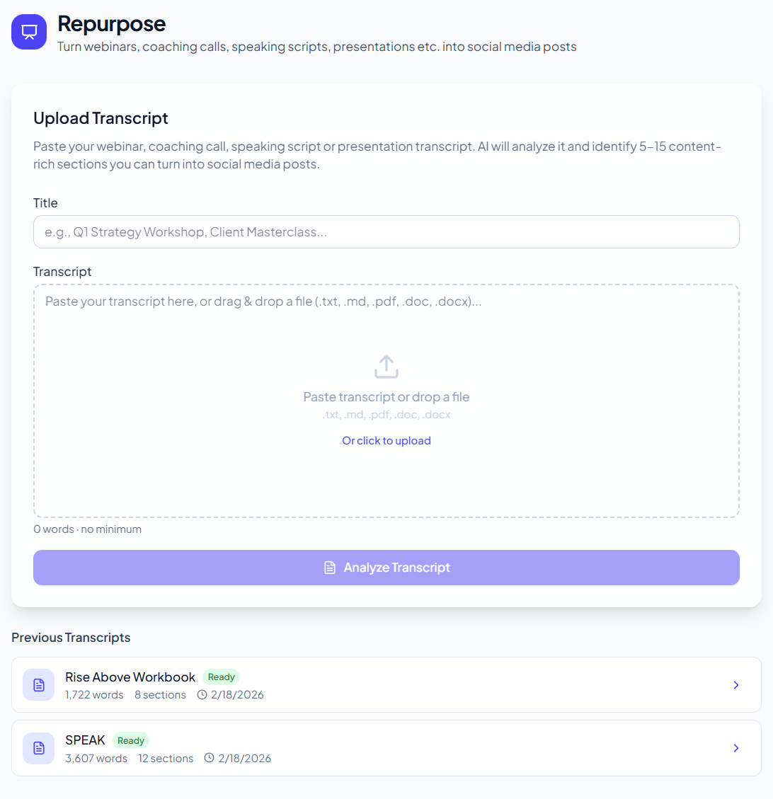 SPEAK Studio — Repurpose webinars and transcripts into social media posts